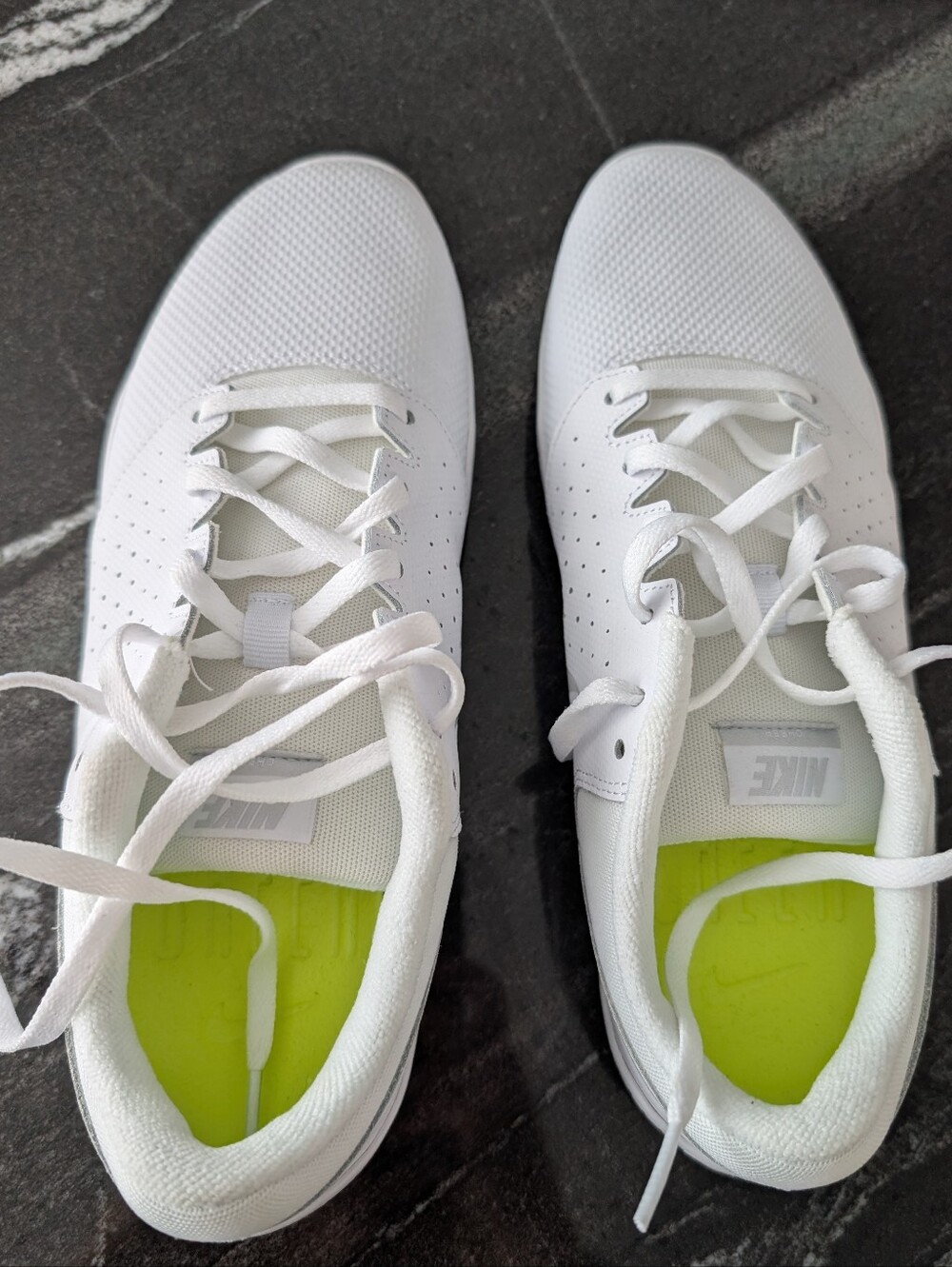 Nike Women’s White Sideline Cheer IV Sneakers with Neon Green Insoles